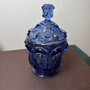 Vintage Fenton Glass Candy Dish Lidded Blue Teardrop Pedestal Footed Glows 1980s